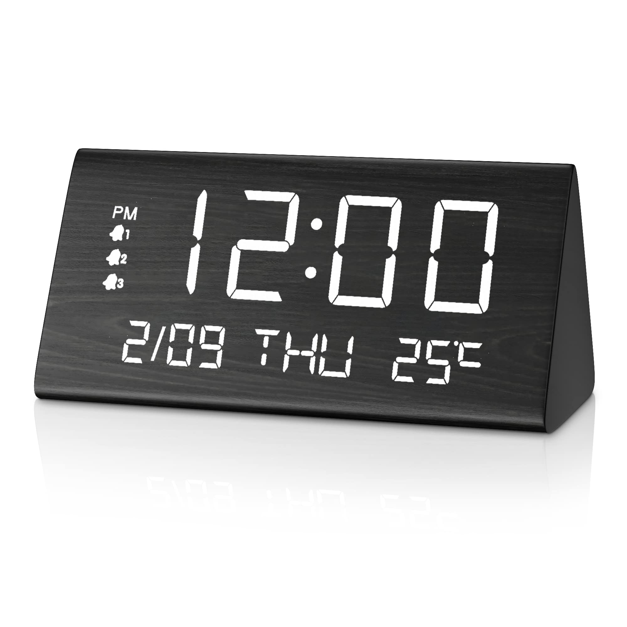 JALL Digital Alarm Clock, with Wooden Electronic LED Time Display, 3 Alarm Settings, Weekday/Weekend Mode, Temperature Detect, Wood Made Electric Clocks for Office, Bedroom, Bedside (Black)