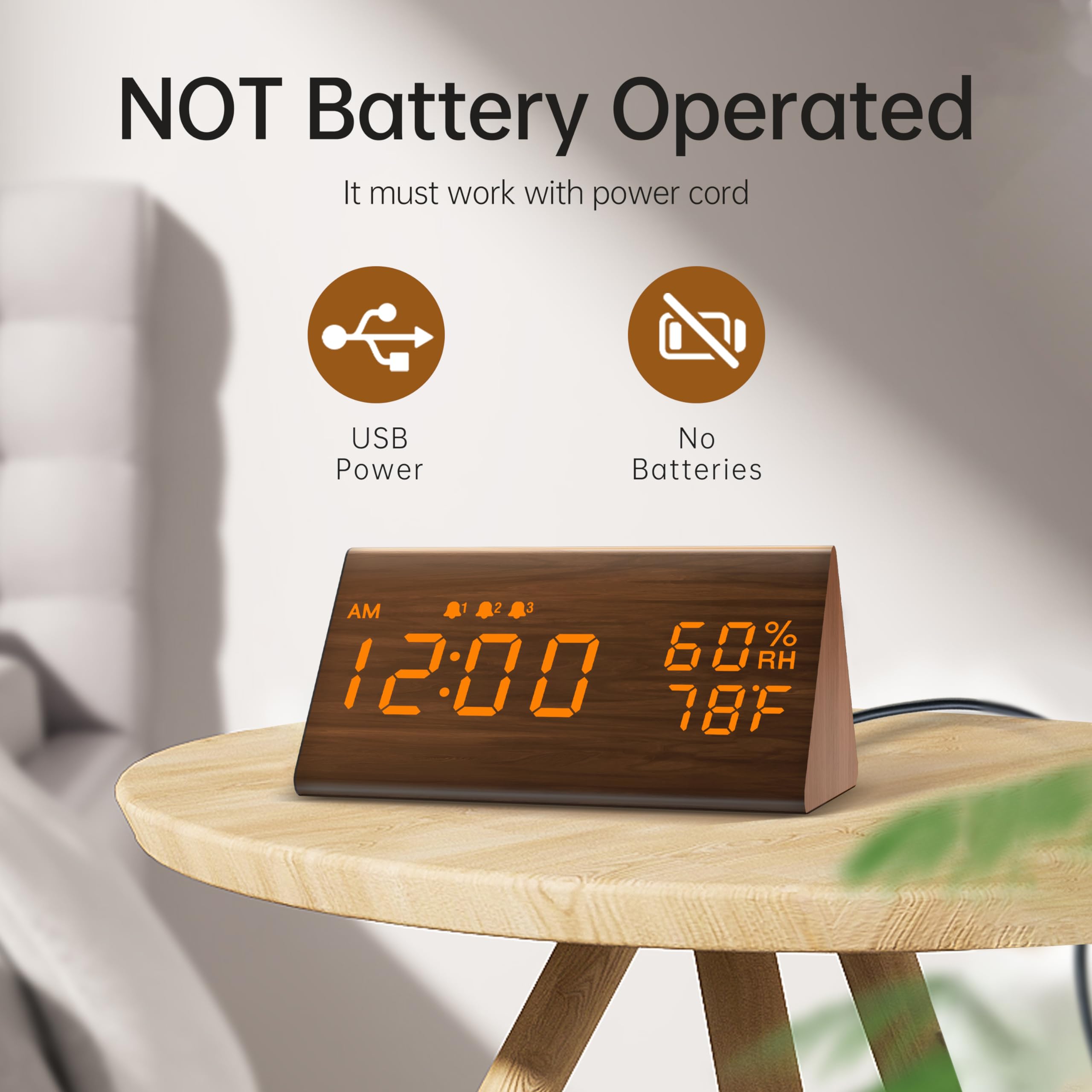 JALL Digital Alarm Clock, with Wooden Electronic LED Time Display, 3 Alarm Settings, Humidity & Temperature Detect, Wood Made Electric Clocks for Bedroom, Bedside (Brown)